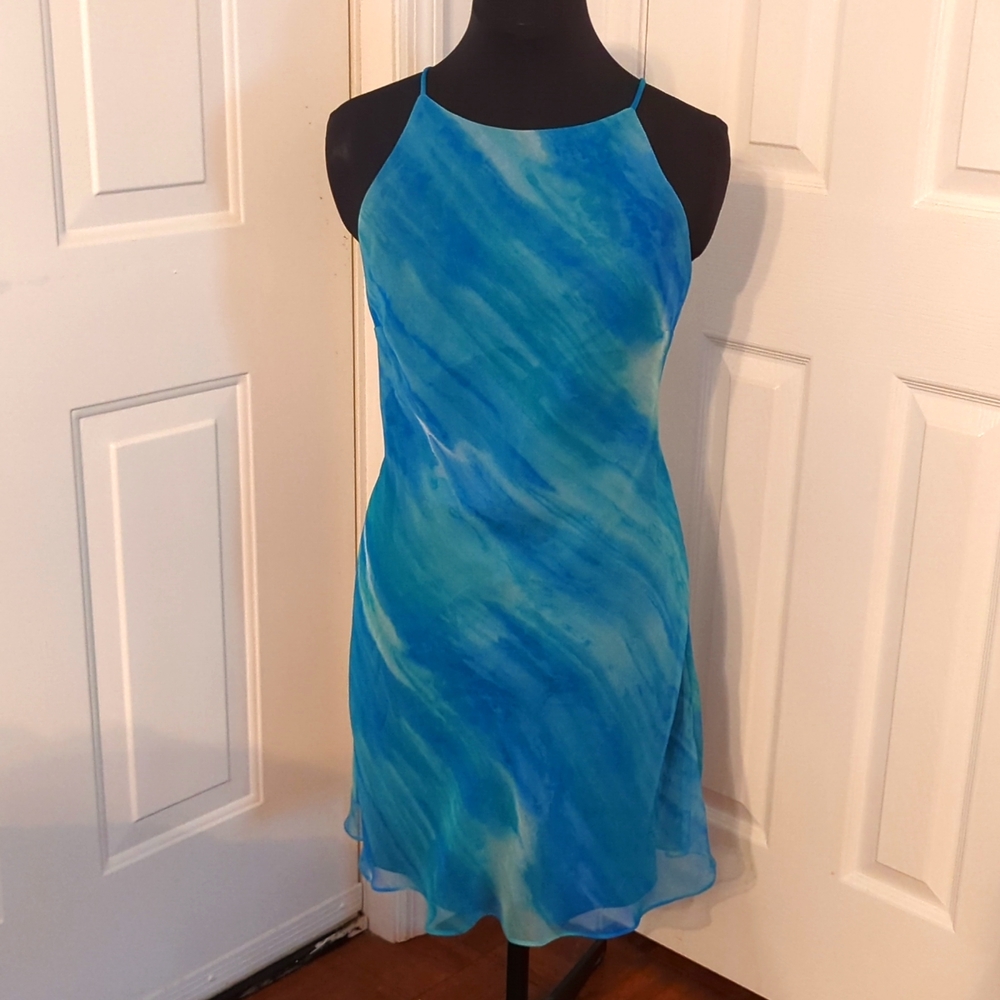 Beautiful Blue/green watercolor dress. Very lightweight. Lined. Size 10